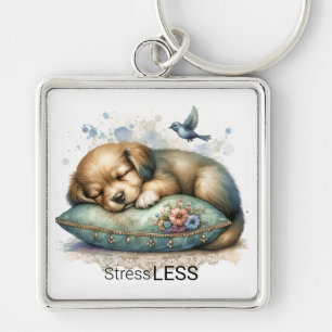 Cute Restricy Puppy Stressar mindre nyckelkedja Fyrkantig Silverfärgad Nyckelring