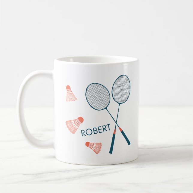 Cute Retro Badminton Birdie Racquet CUSTOM NAMN Kaffemugg (Vänster)
