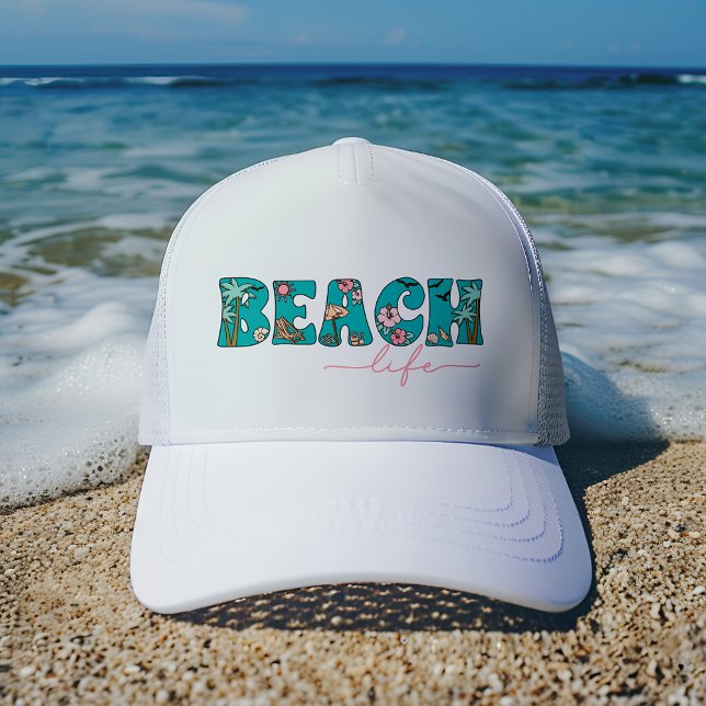 Cute Retro Beach Life Keps (Cute retro-style hat for spring break, family vacations or days at the beach.)