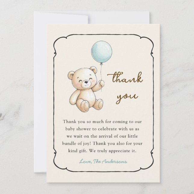 Cute retro Bear Baby Boy shower Thank you card Tack Kort (Framsida)
