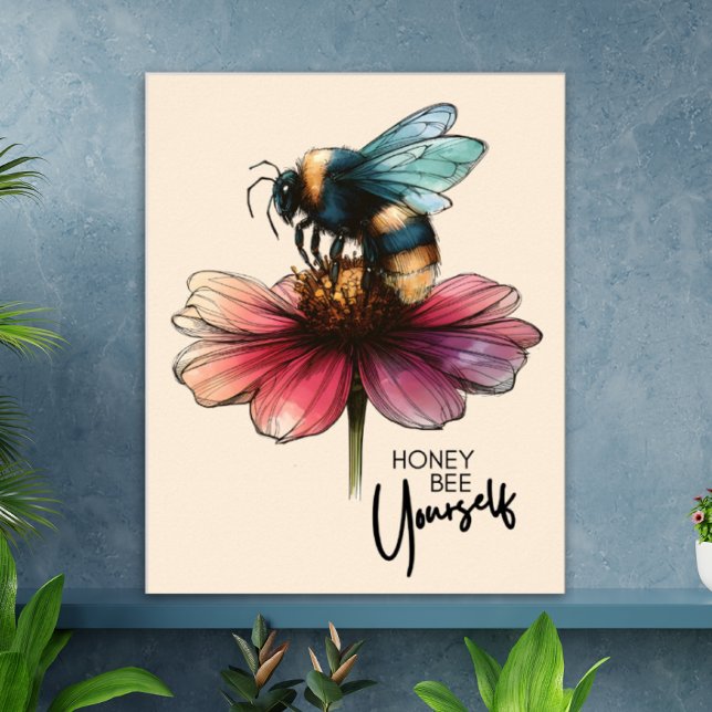 Cute Retro Bee Yourself inspiration Quote Blommigt Poster (Cute Retro Bee Yourself Inspiration Quote Floral Poster)