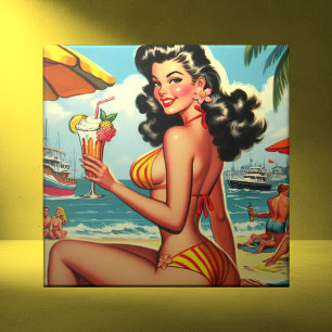 Cute Retro Bikini Girl Kakelplatta