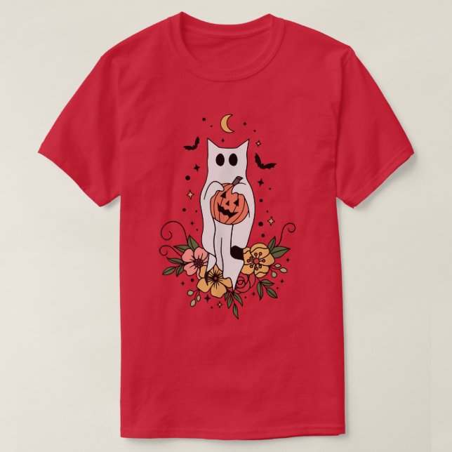 Cute Retro Black Cat Ghost Flower Fall Halloween C T Shirt (Design framsida)