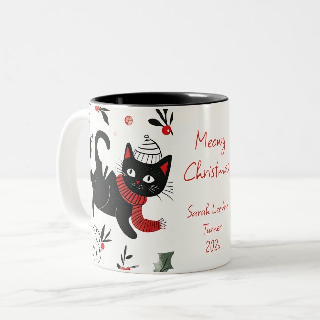 Cute Retro Black Cat-jul Två-Tonad Mugg (Framsida vänster)