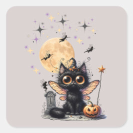 Cute Retro Black Wide Eyed Fairy Kitten Halloween Fyrkantigt Klistermärke