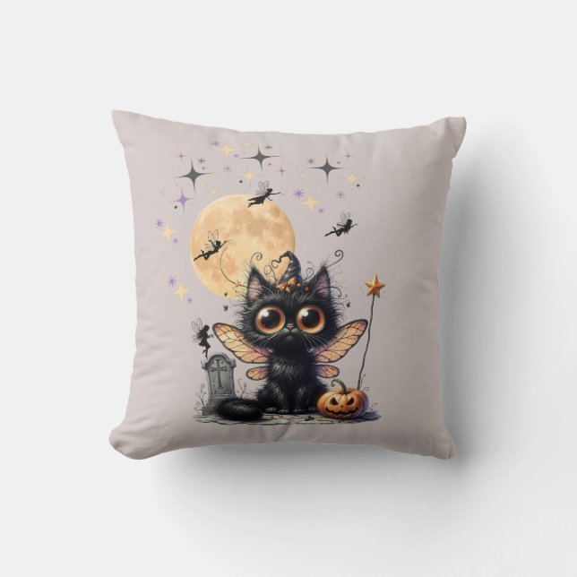 Cute Retro Black Wide Eyed Fairy Kitten Halloween Kudde (Framsida)