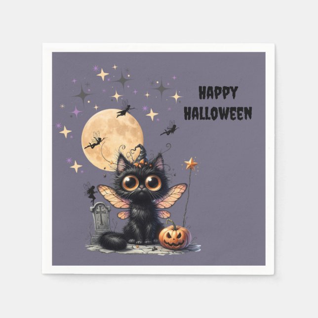Cute Retro Black Wide Eyed Kitten Halloween Pappersservett (Framsidan)