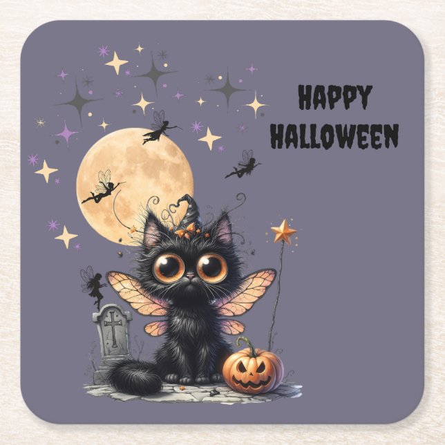 Cute Retro Black Wide Eyed Kitten Halloween Underlägg Papper Kvadrat (Framsidan)