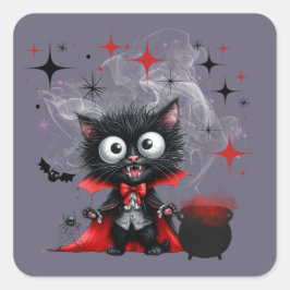 Cute Retro Black Witch Kitten Halloween Fyrkantigt Klistermärke