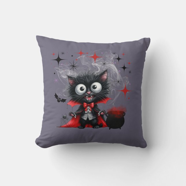 Cute Retro Black Witch Kitten Halloween Kudde (Framsida)