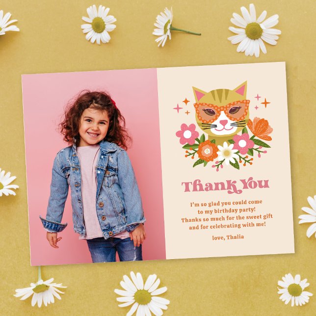 Cute Retro Blommigt Cat Photo Birthday Tack Kort (Skapare uppladdad)