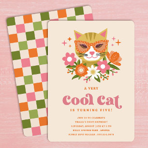 Cute Retro Blommigt Coola Cat Flick kalas Inbjudningar