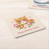 Cute Retro Blommigt Coola Cat Girls Birthday