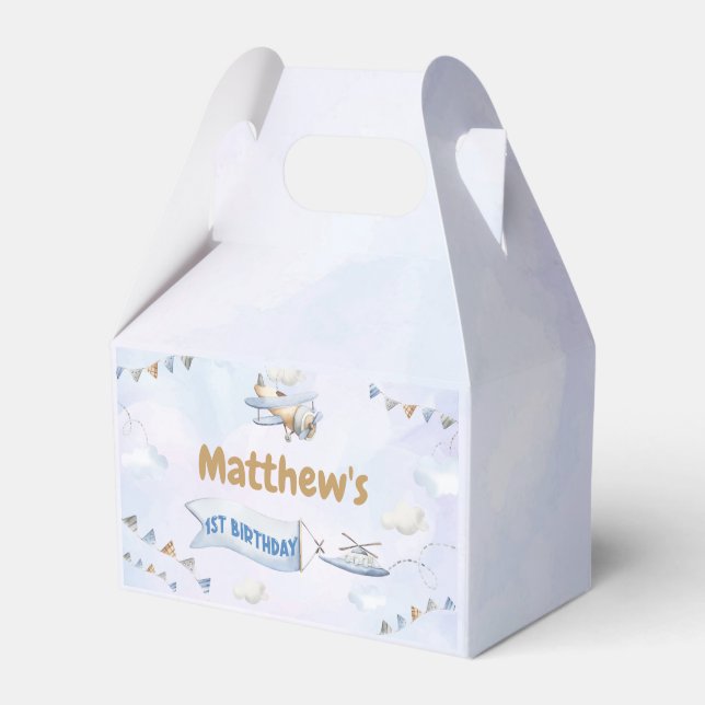 Cute Retro Blue-flygplan 1:a födelsedag Presentaskar (Framsidan Sidan)