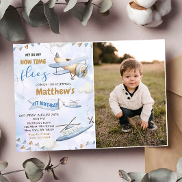 Cute Retro Blue-flygplan 1:a födelsedagsfoto Inbjudningar