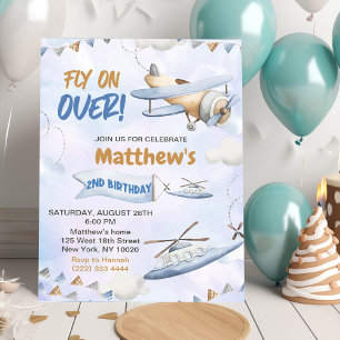 Cute Retro Blue-flygplan flyger över 2:a födelseda Inbjudningar