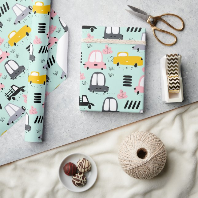 Cute Retro Cars Glossy Wrapping Papper, 30 x 6' Presentpapper (Hantverk)