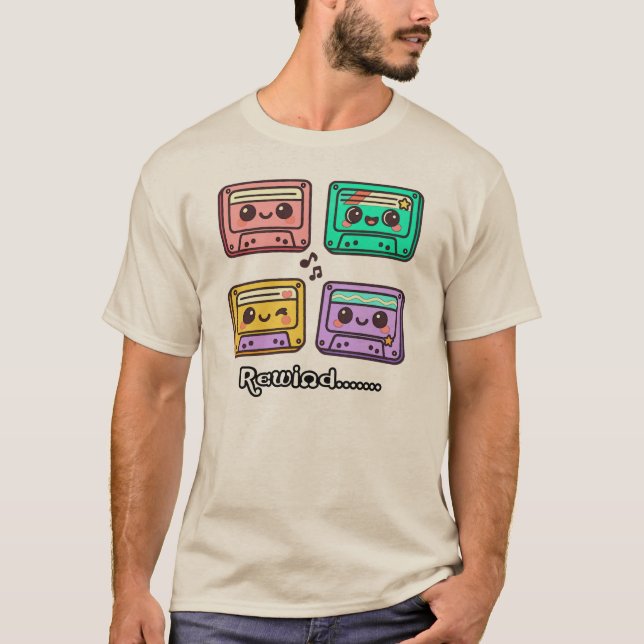 Cute Retro Cassette Tape "Rewind" Kawaii Design T Shirt (Framsida)