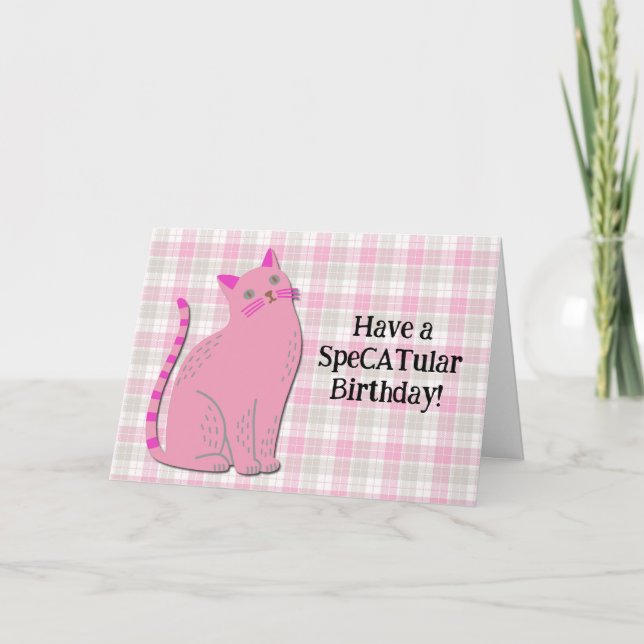 Cute Retro Cat i Rosa Roligt Pun Birthday Card Kort (Framsida)