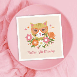 Cute Retro Cat och Blommigtar Girls Birthday Pappersservett