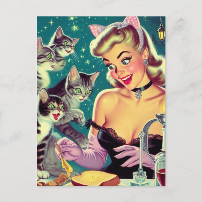 Cute Retro Cat Pin-up Vykort (Framsida)