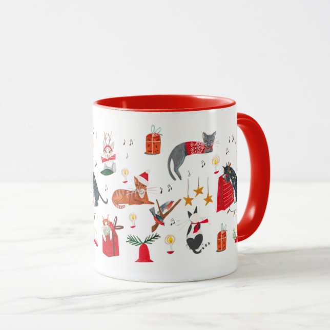 Cute retro cat red Christmas pattern  Mug Mugg (Framsida höger)