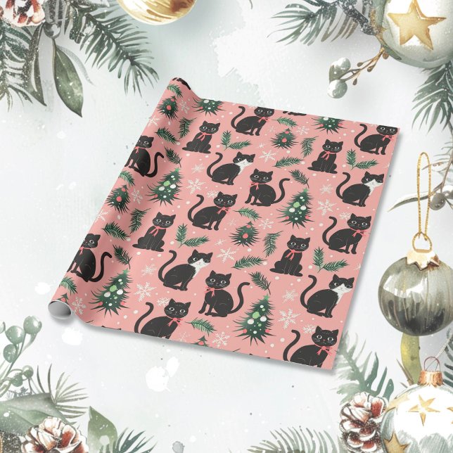 Cute Retro Cats på Rosa jul Presentpapper (Cute Retro Cats on Pink Christmas Wrapping Paper roll)