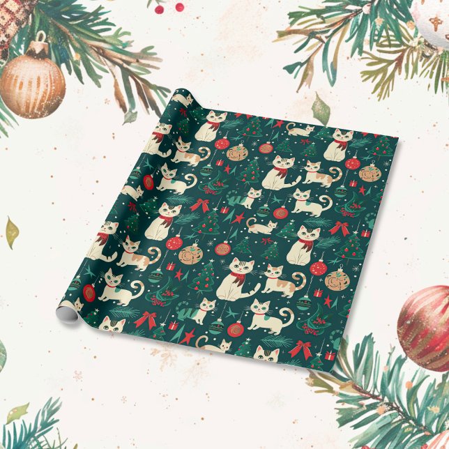 Cute Retro Cats på svart jul Presentpapper (Cute Retro Cats Black Christmas wrapping paper roll)