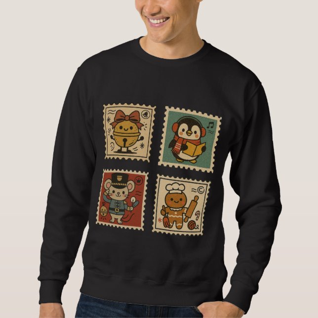 Cute Retro Christmas Stamp Collage Men’s  Lång Ärmad Tröja (Framsida)