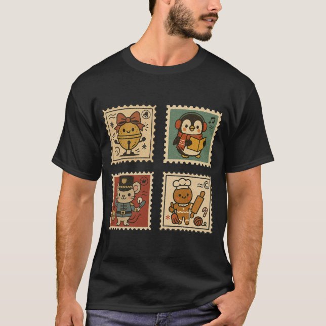 Cute Retro Christmas Stamp Collage Men’s T-Shirt (Framsida)