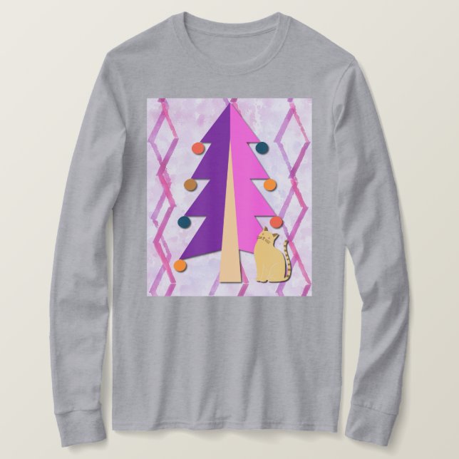 Cute Retro Christmas Tree and Cat Art on T-Shirt (Design framsida)