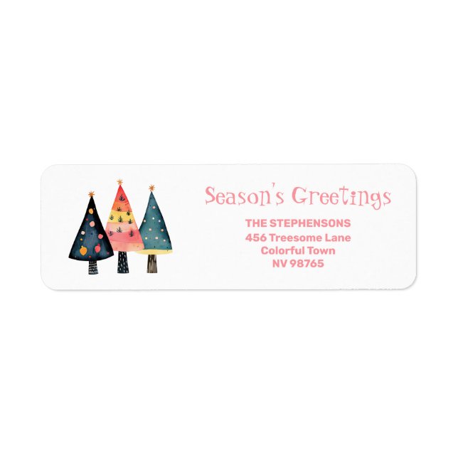 Cute Retro Christmas Trees Pink Address Labels Returadress Etikett (Framsidan)