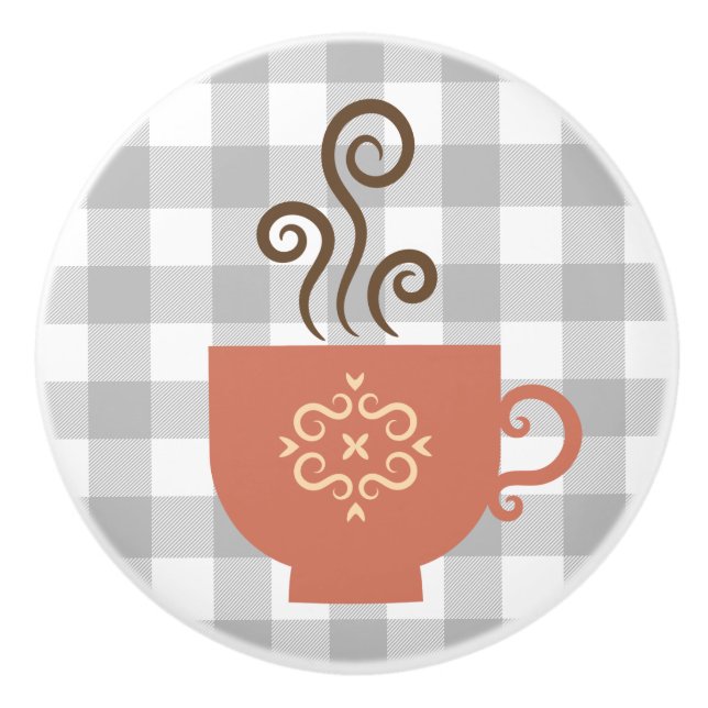 Cute Retro Coffee eller Tea Kopp på Grått Buffalo Knopp (Framsidan)