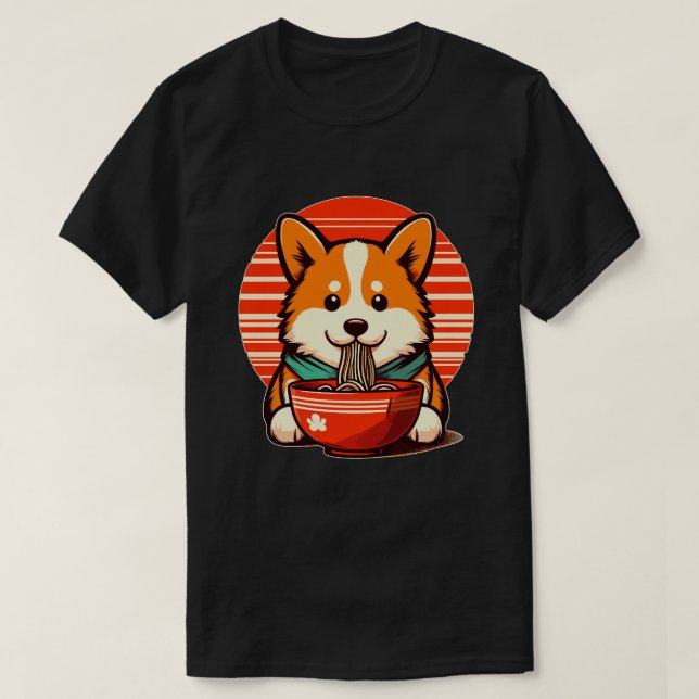 Cute retro corgi eat noodle-nyanser t shirt (Design framsida)