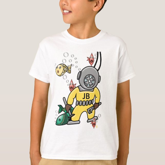 Cute Retro Deep Sea Diver and Fish - Monogramme Tee Shirt (Framsida)