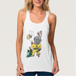 Cute Retro Deep Sea Diver and Fish - Monogrammed Linne Med Racerback