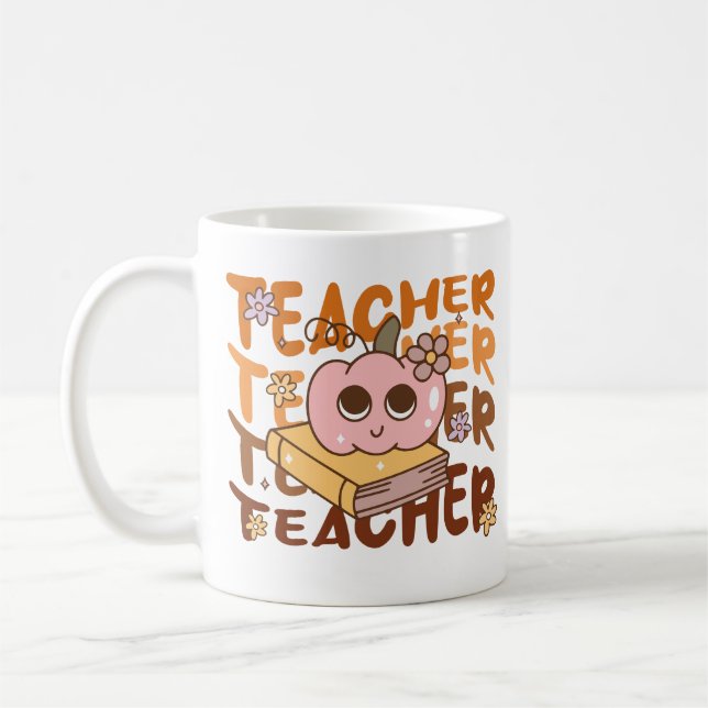 Cute Retro Fall Teacher Pumpkin Halloween Kaffemugg (Vänster)
