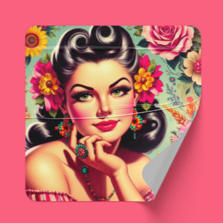 Cute Retro Floral Pin-up Portrait Fyrkantigt Klistermärke