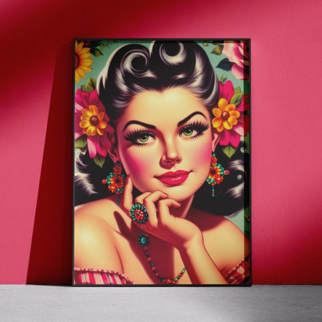 Cute Retro Floral Pin-up Portrait Poster (Skapare uppladdad)