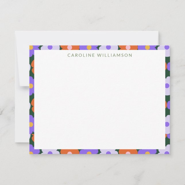 Cute Retro Flower Lila Grönt Personlig Namn Anteckningskort (Framsida)