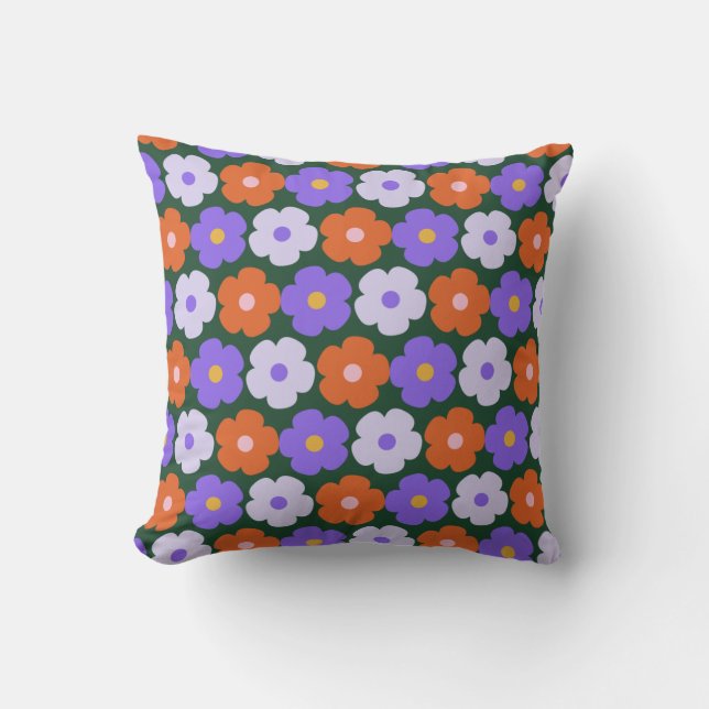 Cute Retro Flower Mönster i Lila och Grönt Kudde (Framsida)