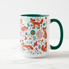 Cute Retro Flowers Birds & Red Foxes Mönster Mugg