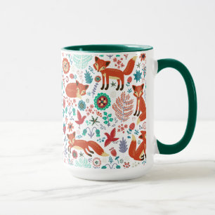 Cute Retro Flowers Birds & Red Foxes Mönster Mugg