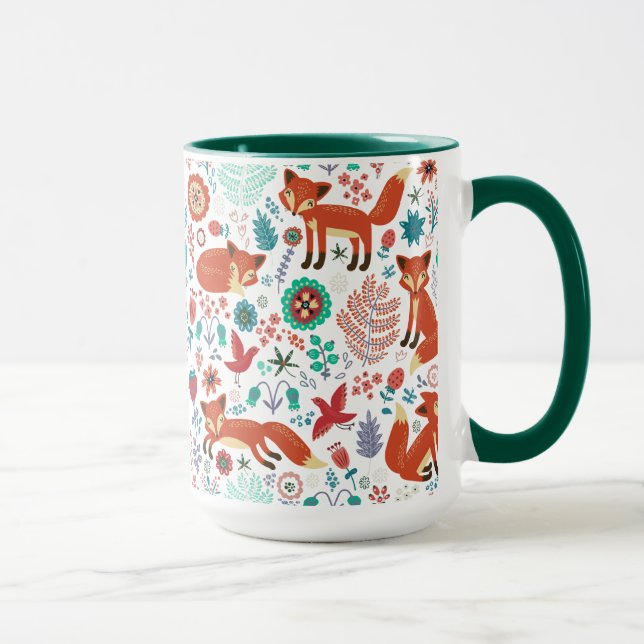 Cute Retro Flowers Birds & Red Foxes Mönster Mugg (Höger)
