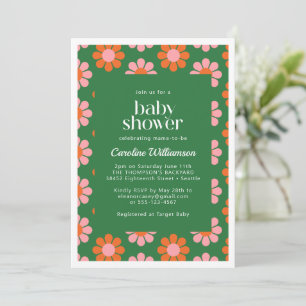 Cute Retro Flowers Grönt Rosa Baby Shower Inbjudningar