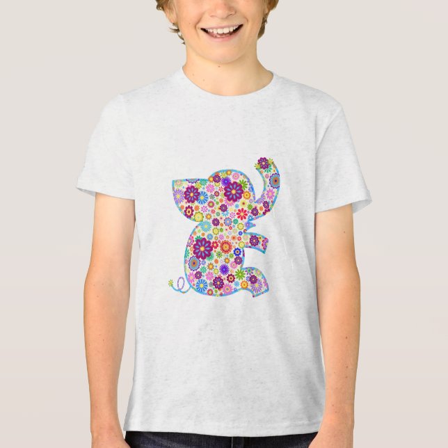 Cute Retro Flowers Tecknad Stil Elephant T-shirt I Triblend-tyg (Framsida)