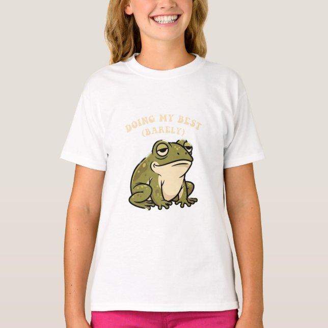 Cute Retro Frog Barely Trying Girls T-Shirt (Framsida)