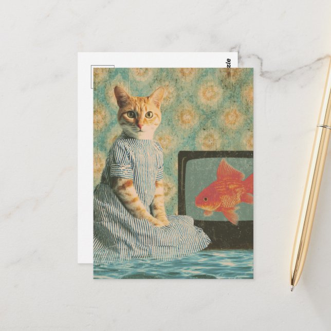 Cute Retro Ginger Cat With Goldfish Retro Collage Vykort (Fram/Back In Situ)