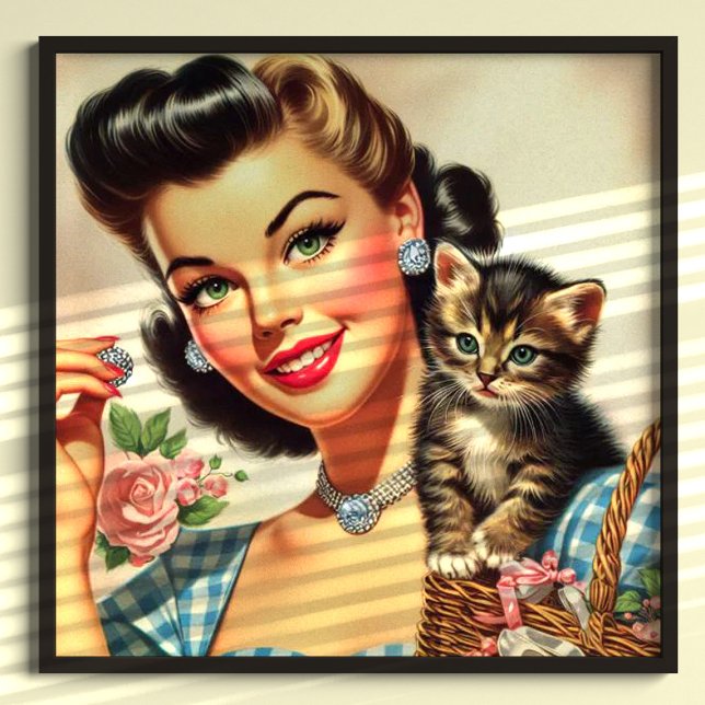 Cute Retro Girl and Kitten Poster (Skapare uppladdad)
