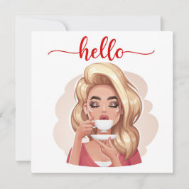 Cute Retro Girl Blonde Flat Hej Card
